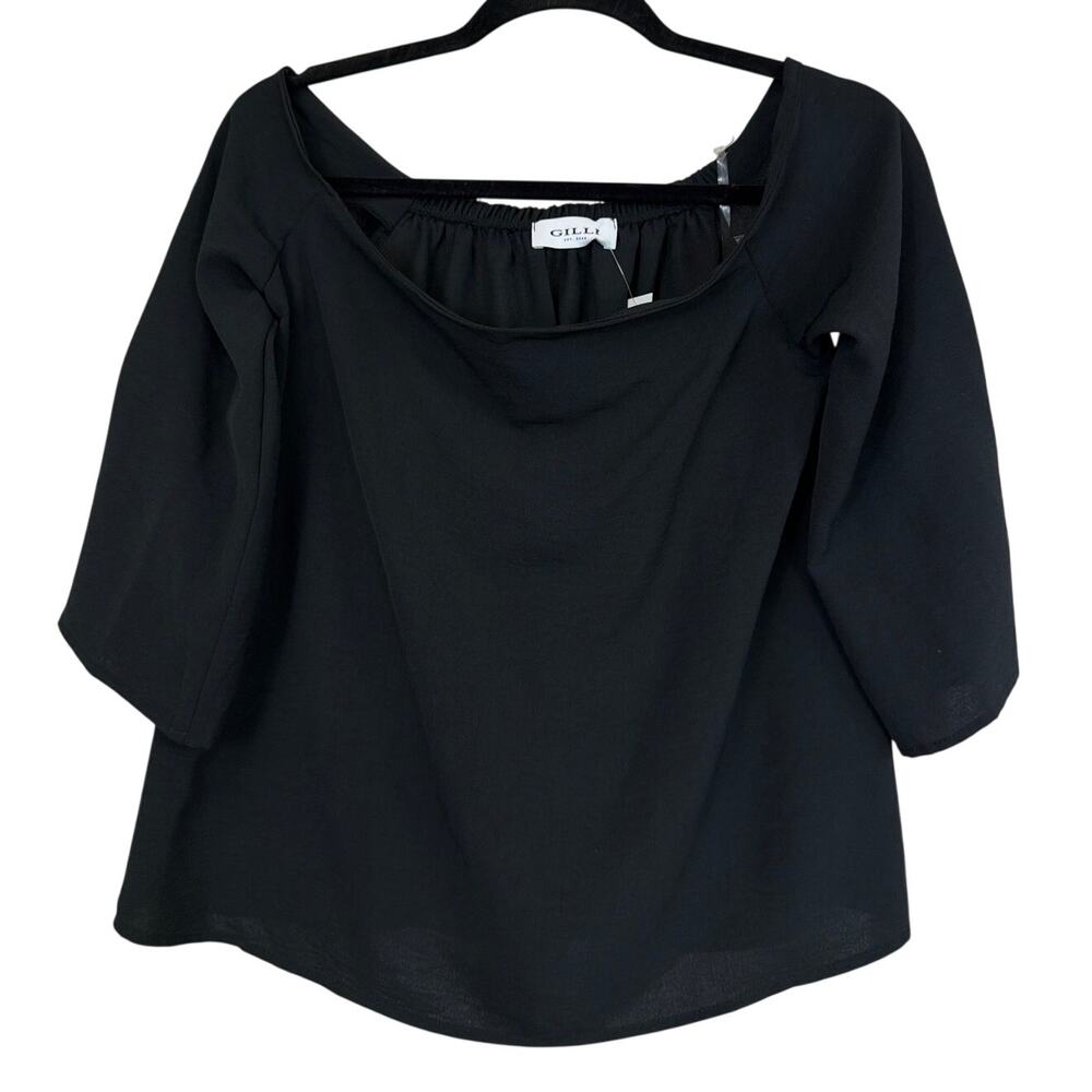 NWT Gilli Black Scoop Neck High Low Ruched Neckline Blouse Top Small